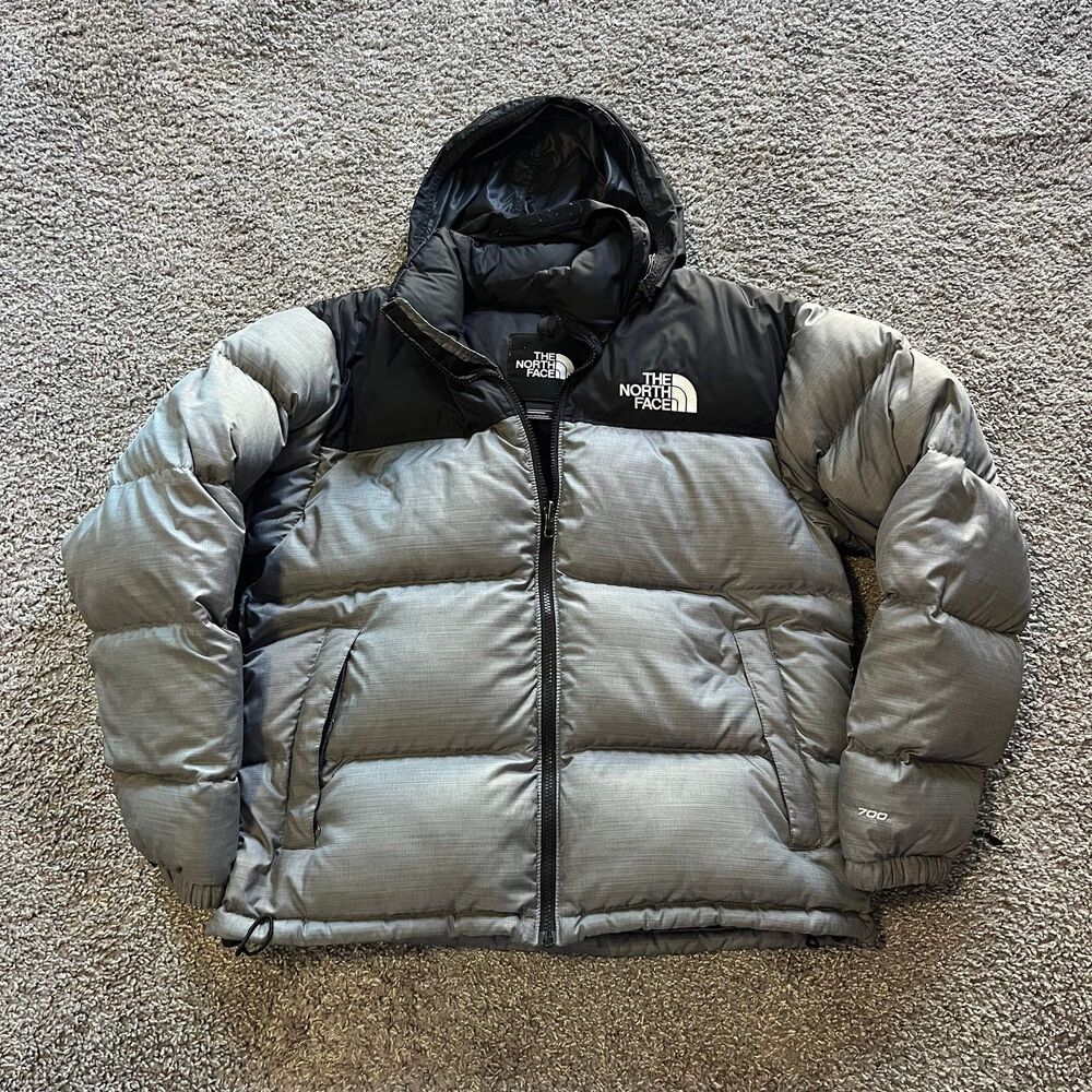 The North Face 1996 Nuptse Jacket 700 Down Puffer Full Zip Grey Black Mens Sz M